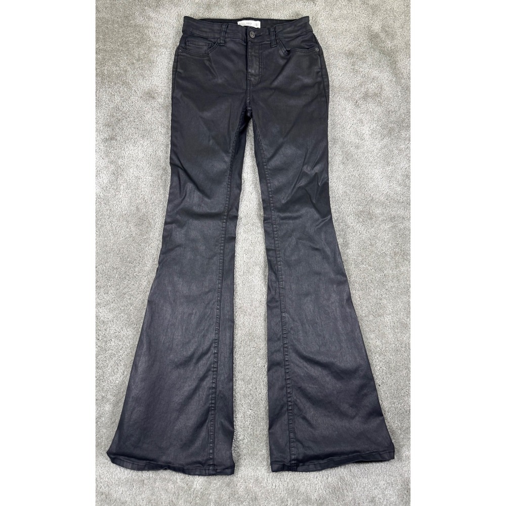 MNG Denim Mango Black Coated Flare Jeans Size 4 Womens Faux Leather Look Pants